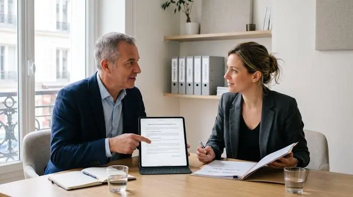 Conseiller et chef d'entreprise échangeant sur un dossier de médiation énergie, tablette affichant un document réglementaire en français