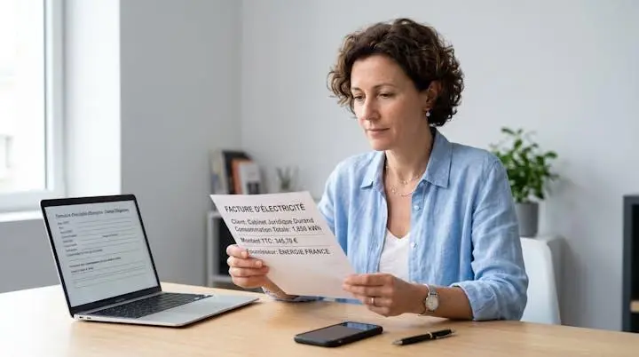 Gestionnaire d'entreprise consultant une facture d'électricité professionnelle à son bureau, ordinateur portable ouvert affichant un formulaire en français