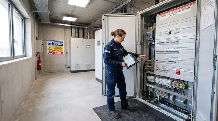 Technicien qualifié inspectant une armoire électrique industrielle ouverte dans un local technique moderne d'entreprise française, tenant une tablette de contrôle