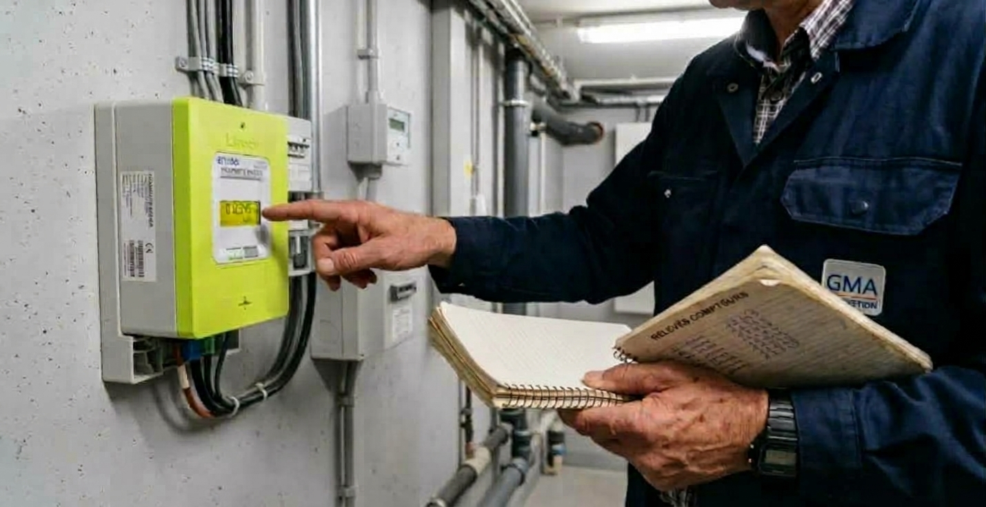 Un gestionnaire relève l'index d'un compteur électrique dans un local technique.