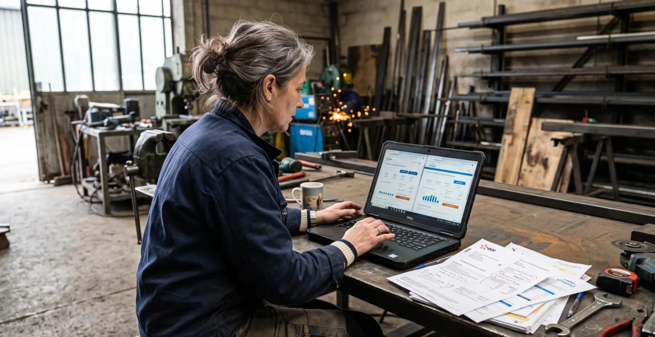 Une gérante d'atelier compare des offres d'électricité sur son ordinateur portable.