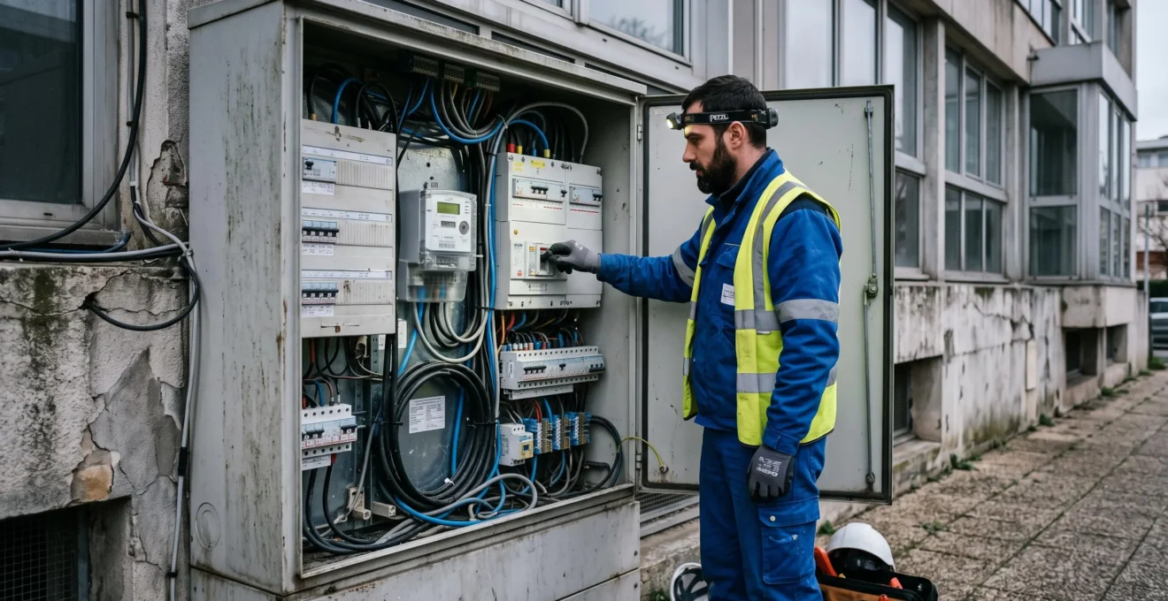 Un électricien vérifie le compteur électrique professionnel dans un coffret en pied d'immeuble.