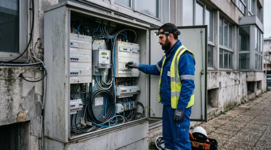Un électricien vérifie le compteur électrique professionnel dans un coffret en pied d'immeuble.
